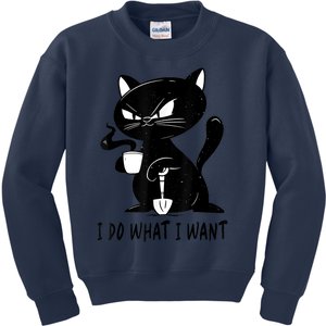 I Do What I Want Funny Black Cat Withe Cup Coffee Gifts Kids Sweatshirt