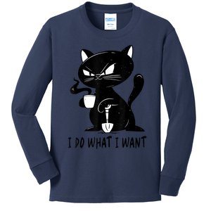 I Do What I Want Funny Black Cat Withe Cup Coffee Gifts Kids Long Sleeve Shirt