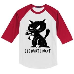 I Do What I Want Funny Black Cat Withe Cup Coffee Gifts Kids Colorblock Raglan Jersey