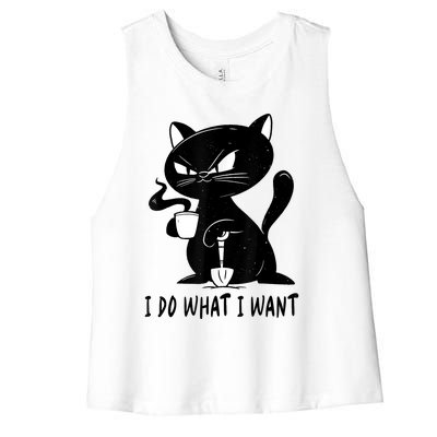 I Do What I Want Funny Black Cat Withe Cup Coffee Gifts Women's Racerback Cropped Tank