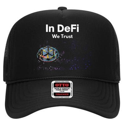 In DeFi We Trust Cryptocurrency Bitcoin Ethereum Blockchain High Crown Mesh Back Trucker Hat