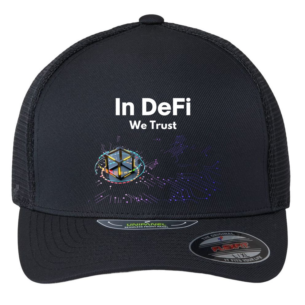 In DeFi We Trust Cryptocurrency Bitcoin Ethereum Blockchain Flexfit Unipanel Trucker Cap