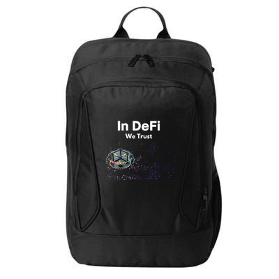 In DeFi We Trust Cryptocurrency Bitcoin Ethereum Blockchain City Backpack