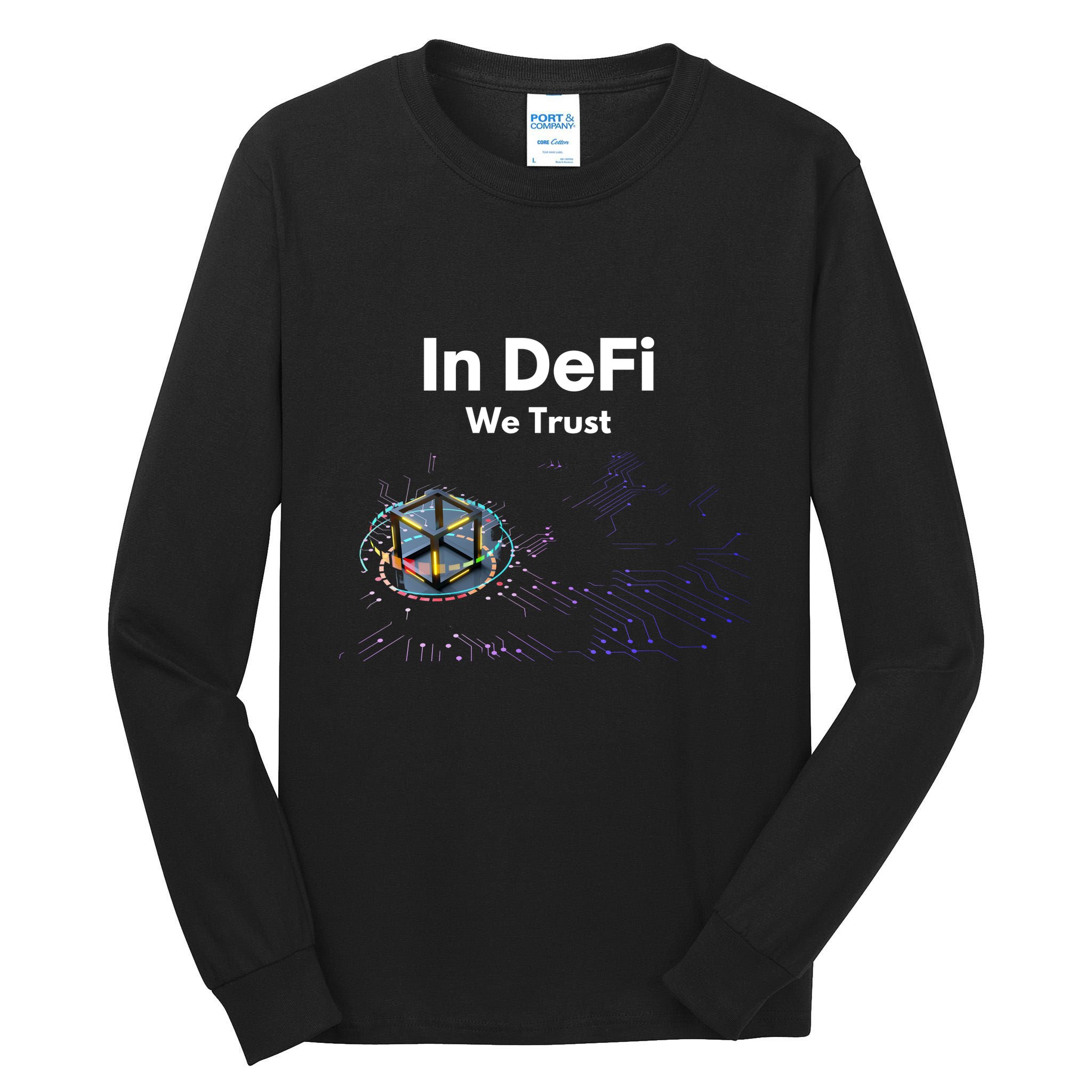 In DeFi We Trust Cryptocurrency Bitcoin Ethereum Blockchain Tall Long Sleeve T-Shirt