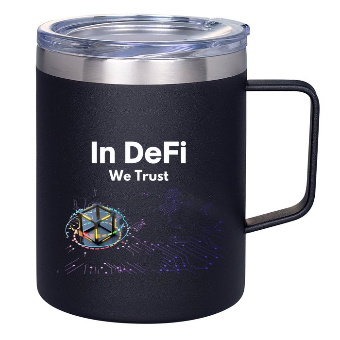 In DeFi We Trust Cryptocurrency Bitcoin Ethereum Blockchain 12oz Stainless Steel Coffee Mug