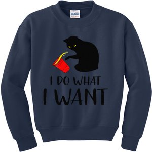 I Do What I Want Funny Black Cat Red Cup Funny My Cat Kids Sweatshirt