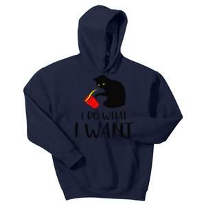 I Do What I Want Funny Black Cat Red Cup Funny My Cat Kids Hoodie