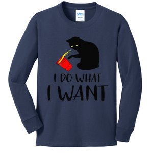 I Do What I Want Funny Black Cat Red Cup Funny My Cat Kids Long Sleeve Shirt