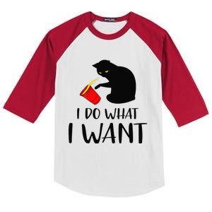 I Do What I Want Funny Black Cat Red Cup Funny My Cat Kids Colorblock Raglan Jersey