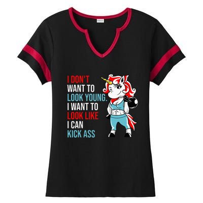 I Don't Want To Look Young I Want To Look Like I Can Kick Ladies Halftime Notch Neck Tee