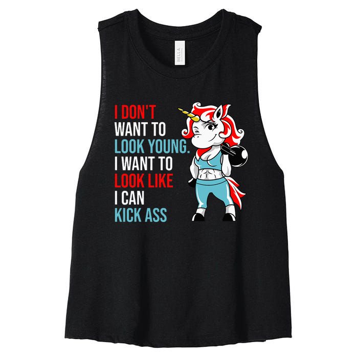 I Don't Want To Look Young I Want To Look Like I Can Kick Women's Racerback Cropped Tank