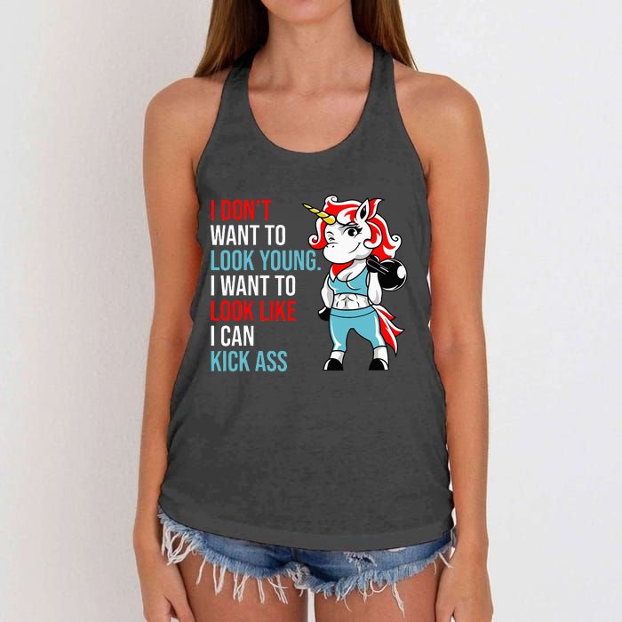 I Don't Want To Look Young I Want To Look Like I Can Kick Women's Knotted Racerback Tank