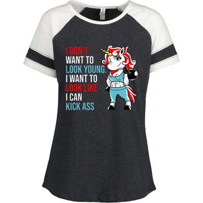 I Don't Want To Look Young I Want To Look Like I Can Kick Enza Ladies Jersey Colorblock Tee