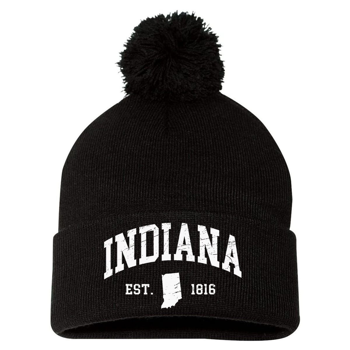 Indiana Est. 1816 Distressed Worn Design Classic Pom Pom 12in Knit Beanie