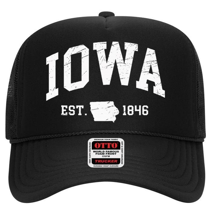 Iowa Est. 1846 Distressed Worn Design Classic High Crown Mesh Back Trucker Hat