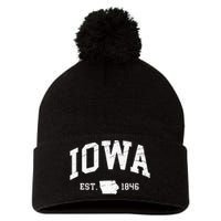 Iowa Est. 1846 Distressed Worn Design Classic Pom Pom 12in Knit Beanie