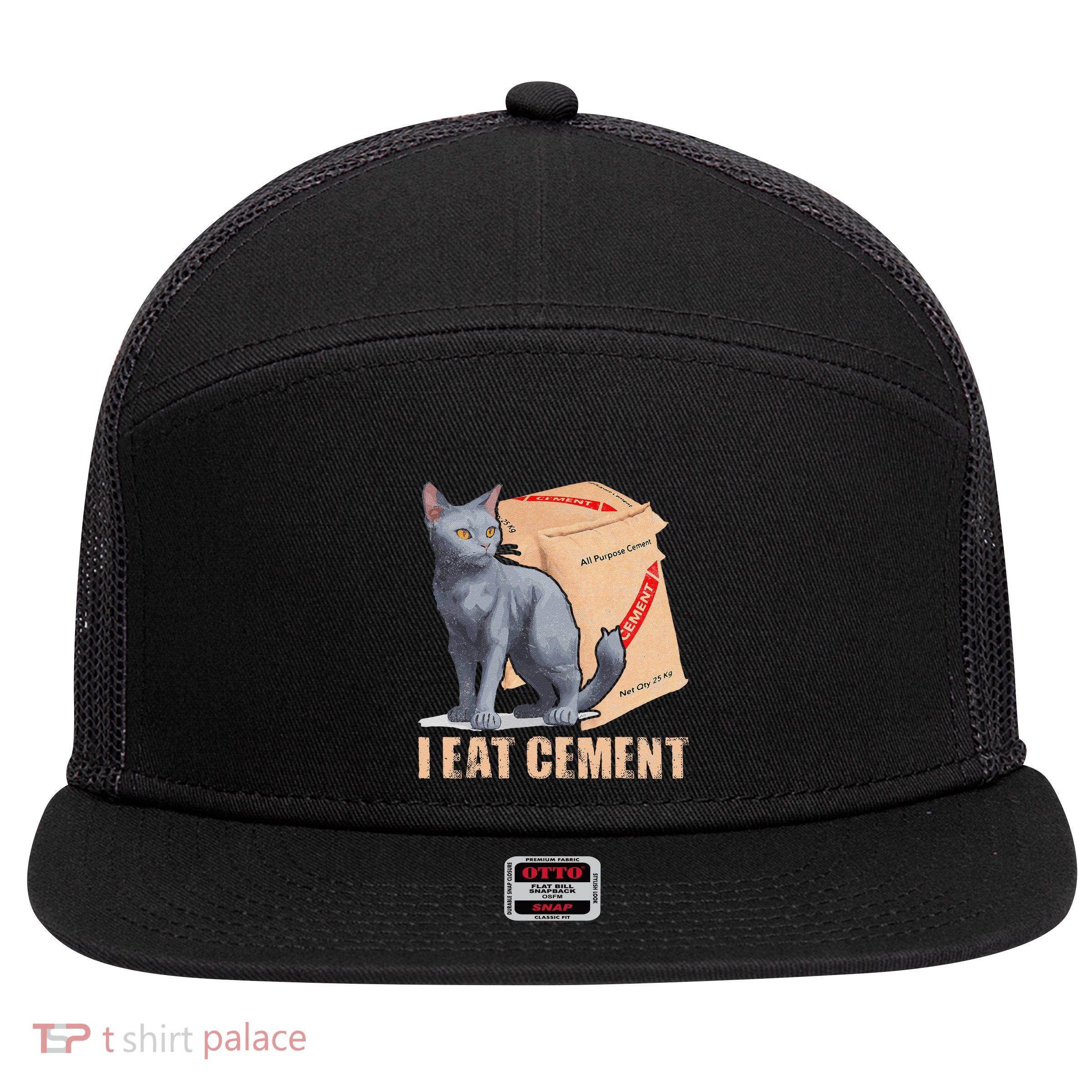 I Eat Cement Cursed Cat Funny Weird Meme Humor Oddly Specifi 7 Panel Mesh Trucker Snapback Hat