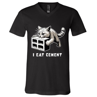 I Eat Cement Cursed Cat Funny Weird Meme V-Neck T-Shirt