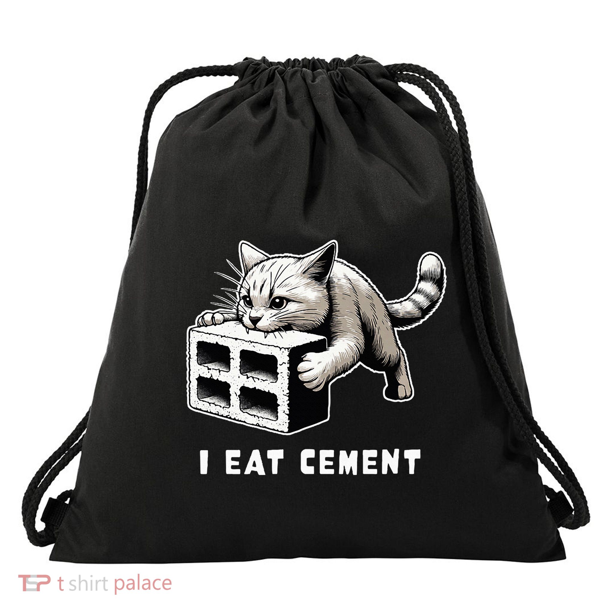 I Eat Cement Cursed Cat Funny Weird Meme Drawstring Bag
