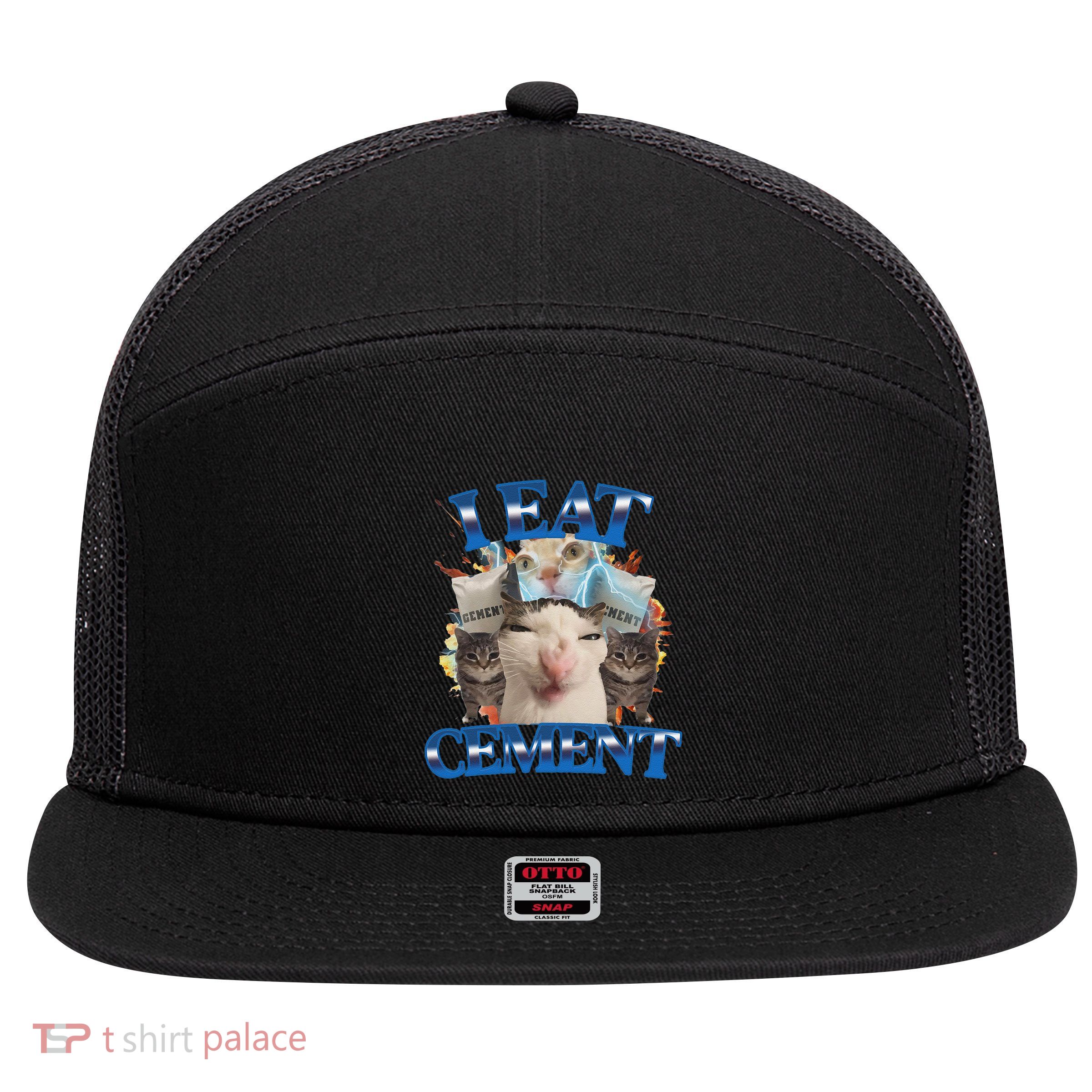 I Eat Cement Cursed Cat Funny Oddly Specific Dank Meme 7 Panel Mesh Trucker Snapback Hat