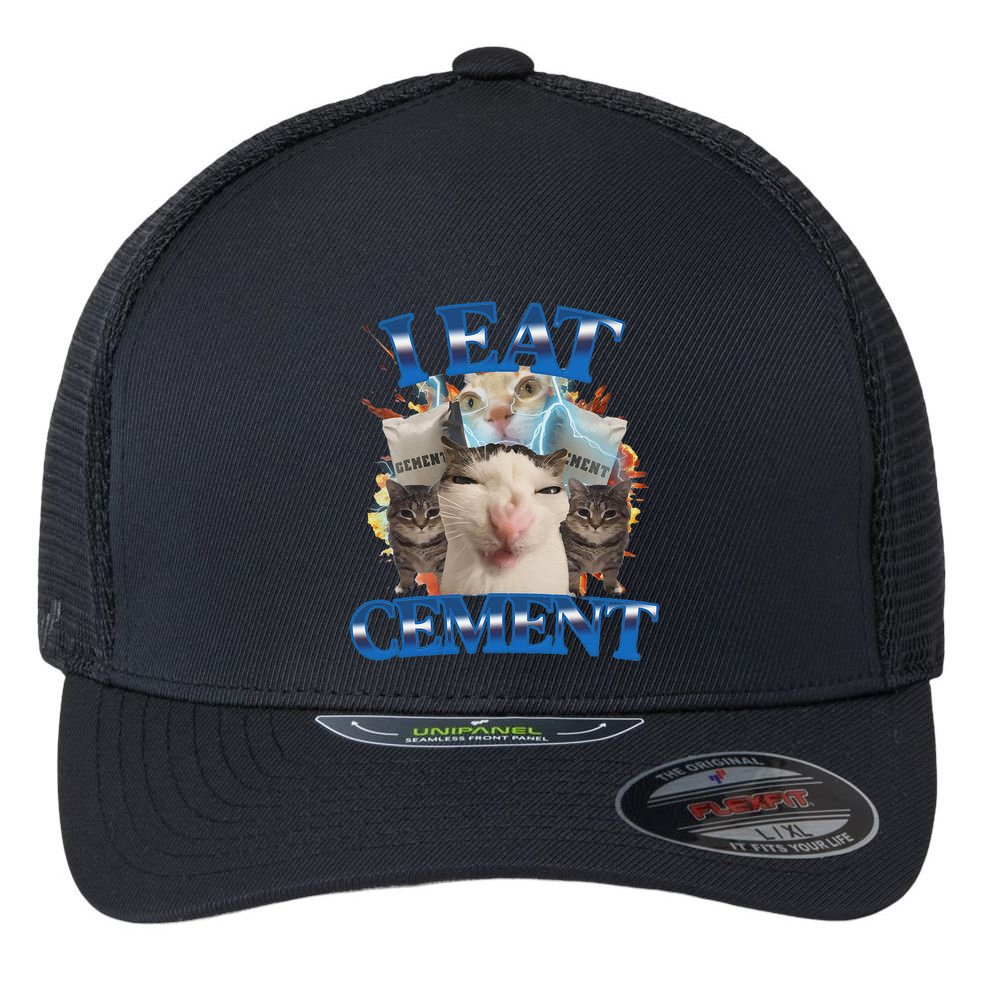 I Eat Cement Cursed Cat Funny Oddly Specific Dank Meme Flexfit Unipanel Trucker Cap