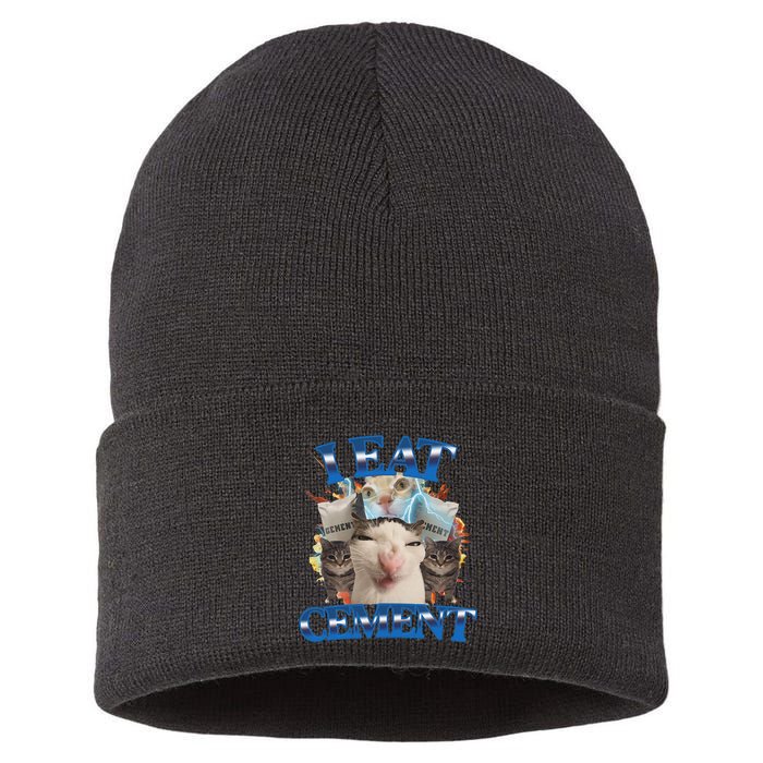 I Eat Cement Cursed Cat Funny Oddly Specific Dank Meme Sustainable Knit Beanie