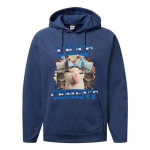 I Eat Cement Cursed Cat Funny Oddly Specific Dank Meme Performance Fleece Hoodie