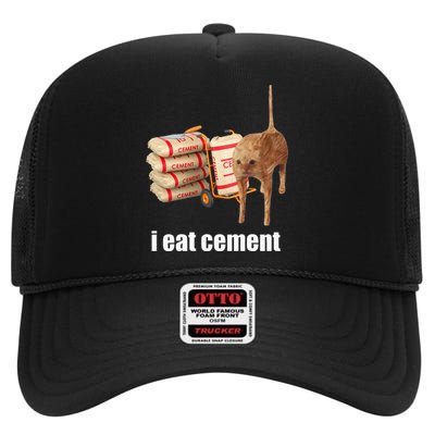 I Eat Cement Cursed Cat Funny Oddly Specific Weird High Crown Mesh Back Trucker Hat