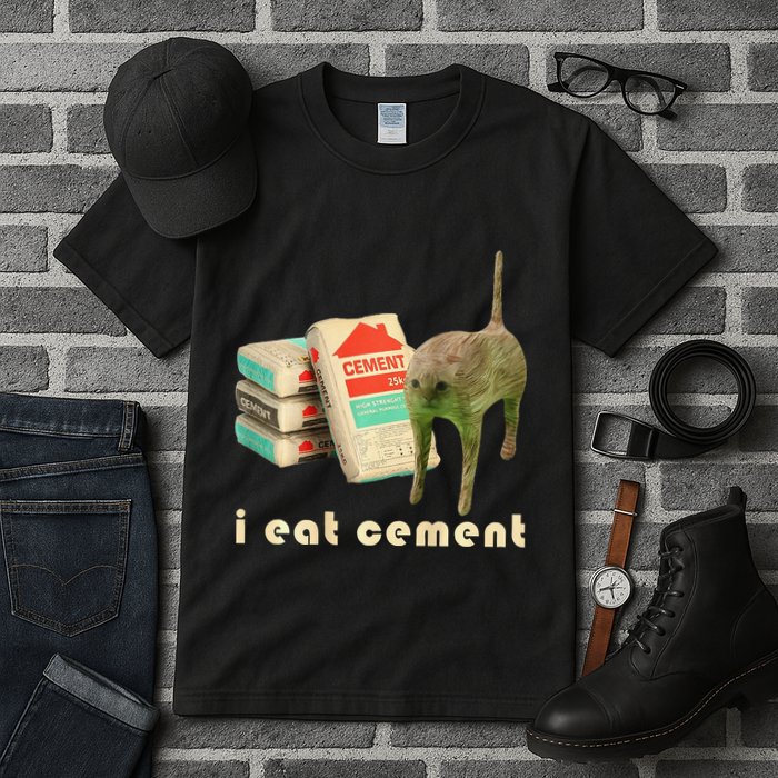 I Eat Cement Cursed Cat Unhinged Funny Meme On Back Tall T-Shirt