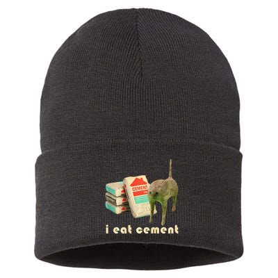I Eat Cement Cursed Cat Unhinged Funny Meme On Back Sustainable Knit Beanie