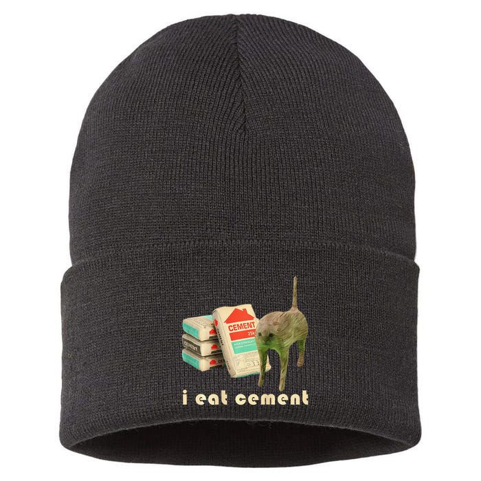 I Eat Cement Cursed Cat Unhinged Funny Meme On Back Sustainable Knit Beanie
