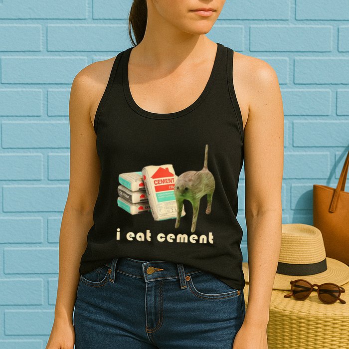 I Eat Cement Cursed Cat Unhinged Funny Meme On Back Womens Tank Top