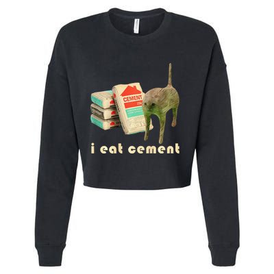 I Eat Cement Cursed Cat Unhinged Funny Meme On Back Cropped Pullover Crew