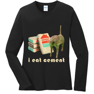 I Eat Cement Cursed Cat Unhinged Funny Meme On Back Ladies Long Sleeve Shirt