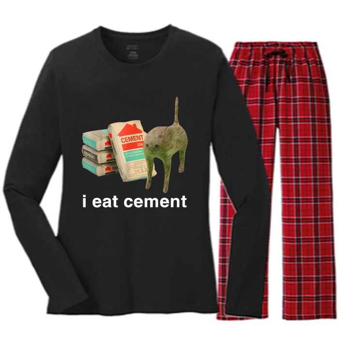 I Eat Cement Cursed Cat Funny Oddly Specific Meme Women's Long Sleeve Flannel Pajama Set 