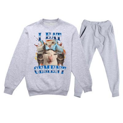 I Eat Cement Cursed Cat Funny Oddly Specific Dank Meme Premium Crewneck Sweatsuit Set