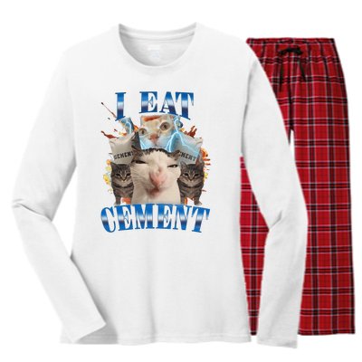 I Eat Cement Cursed Cat Funny Oddly Specific Dank Meme Women's Long Sleeve Flannel Pajama Set 