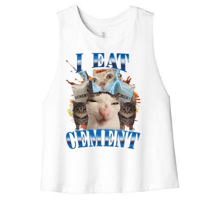 I Eat Cement Cursed Cat Funny Oddly Specific Dank Meme Women's Racerback Cropped Tank