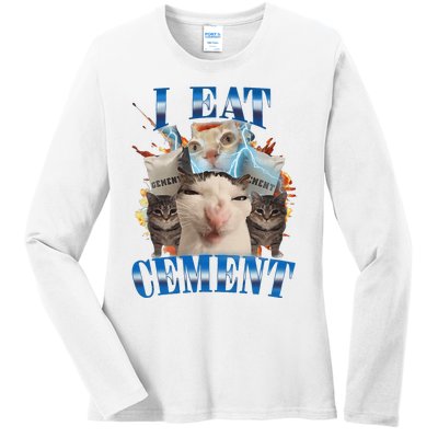 I Eat Cement Cursed Cat Funny Oddly Specific Dank Meme Ladies Long Sleeve Shirt