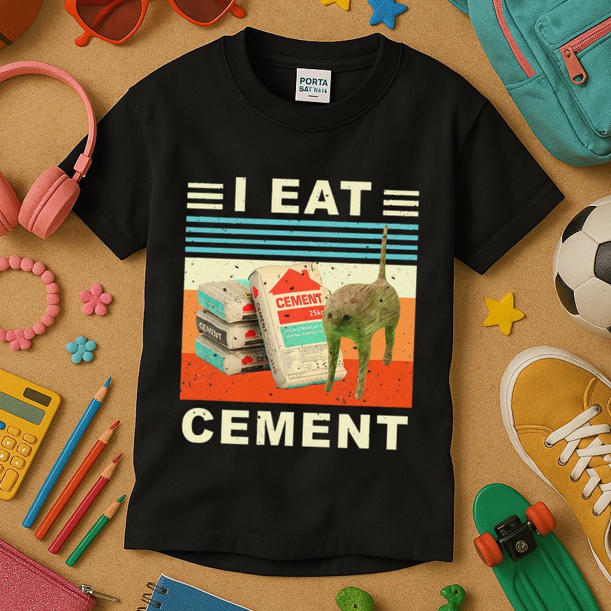 I Eat Cement Cursed Cat Funny Oddly Specific Dank Meme Kids T-Shirt