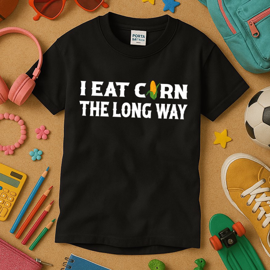 I Eat Corn The Long Way Funny Inappropriate Embarrassing Kids T-Shirt