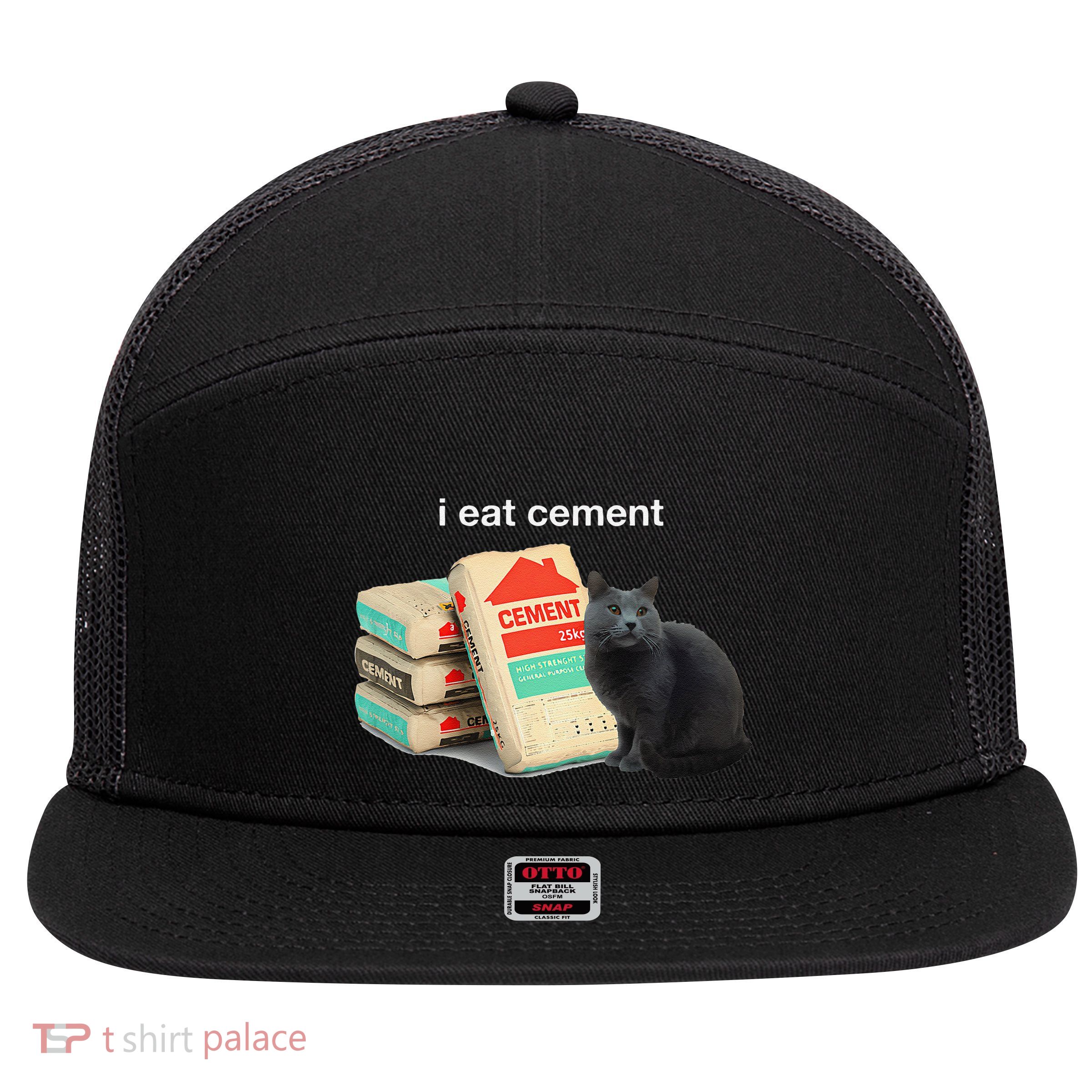 I Eat Cement Cursed Black Cat Funny Dank Meme 7 Panel Mesh Trucker Snapback Hat