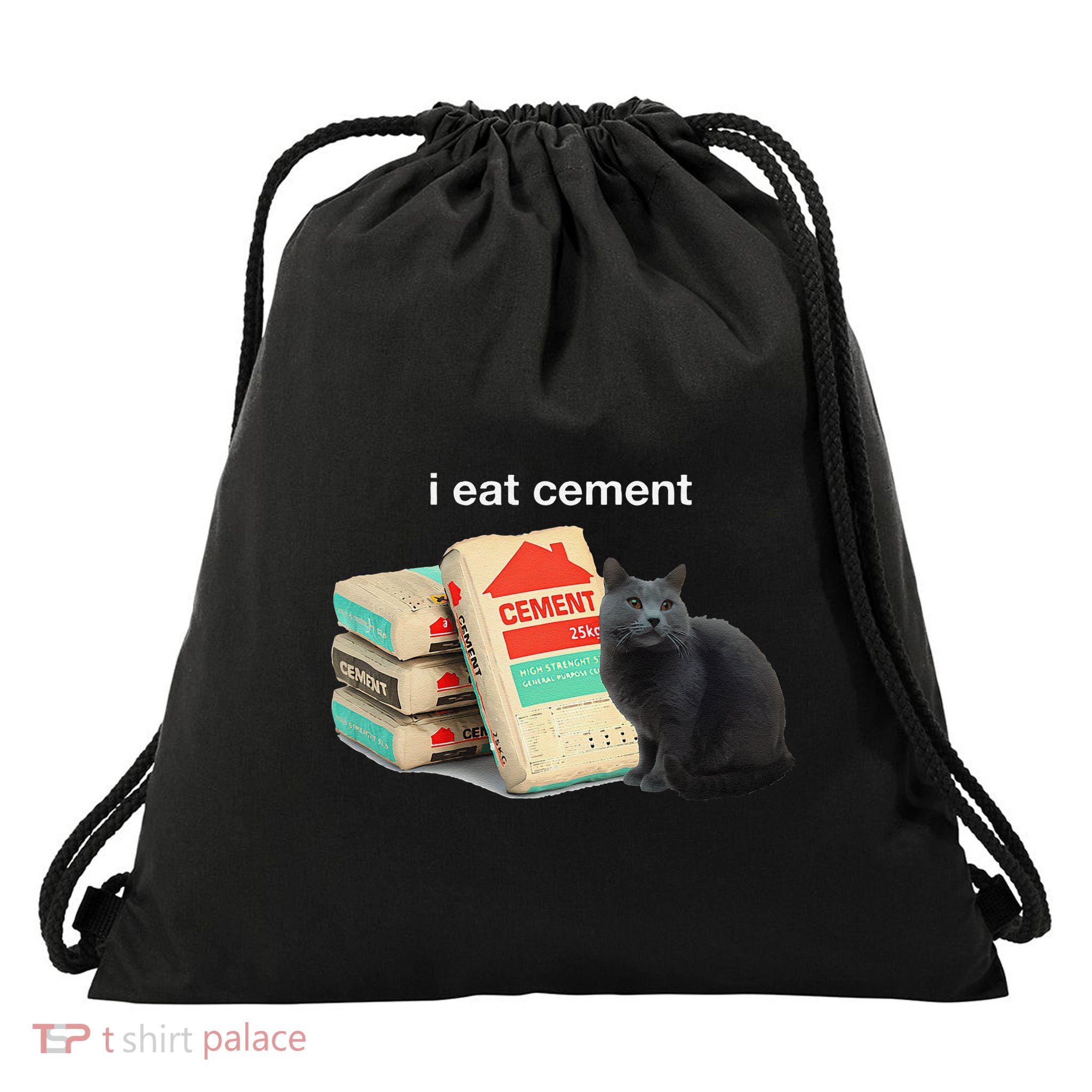 I Eat Cement Cursed Black Cat Funny Dank Meme Drawstring Bag