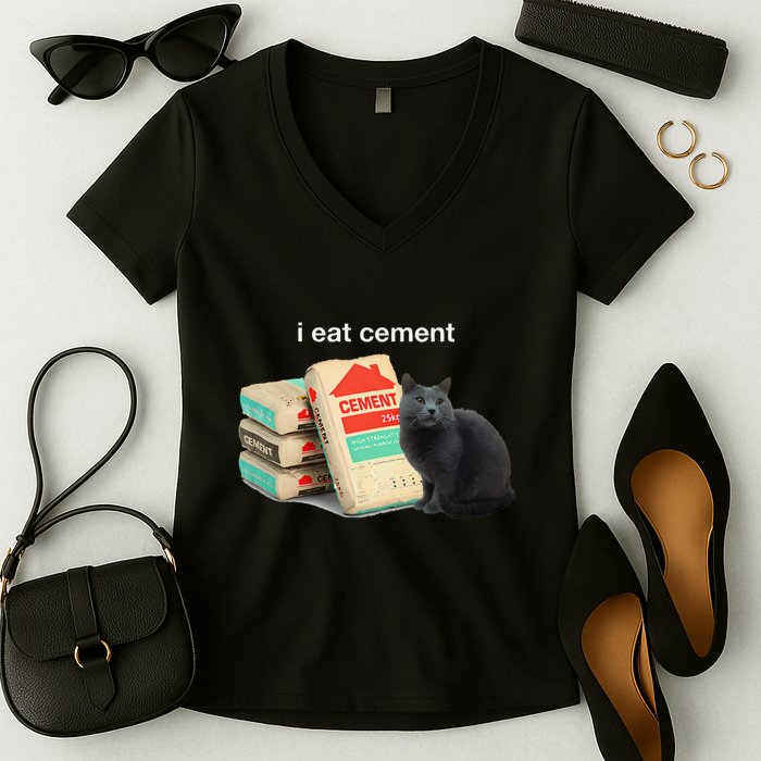 I Eat Cement Cursed Black Cat Funny Dank Meme Women's V-Neck T-Shirt