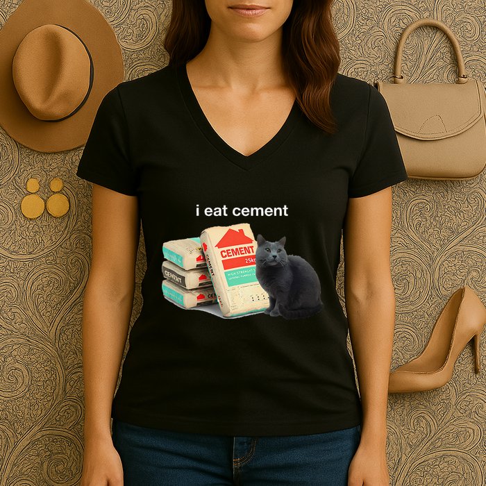 I Eat Cement Cursed Black Cat Funny Dank Meme Women's V-Neck T-Shirt
