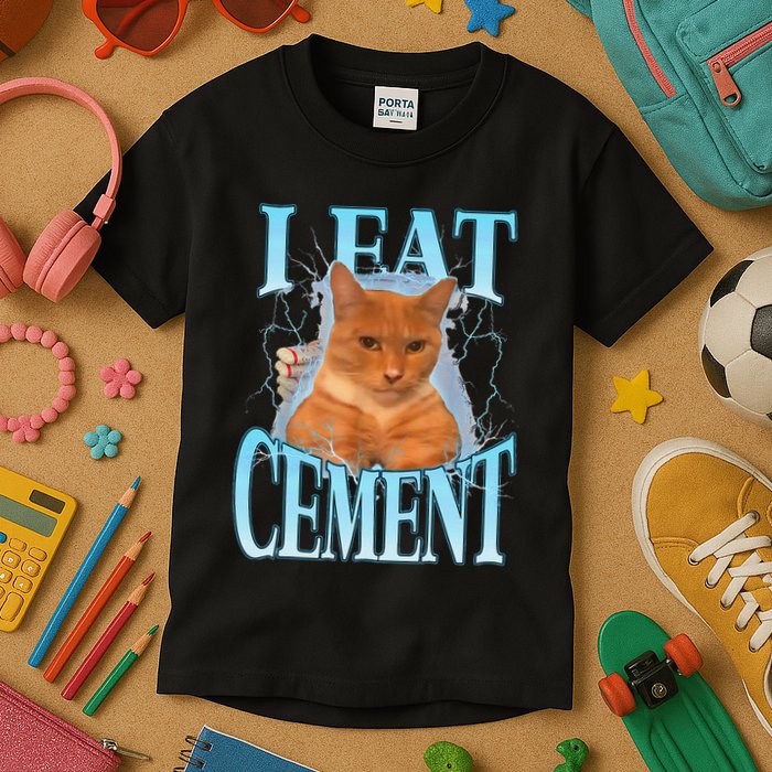 I Eat Cement Cursed Cat Funny Oddly Specific Dank Meme Kids T-Shirt