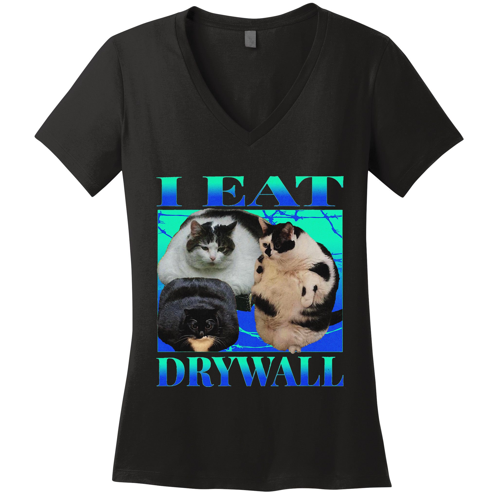 I Eat Drywall Funny Fat Cats Funny Hard Cat Silly Meme Women's V-Neck T-Shirt