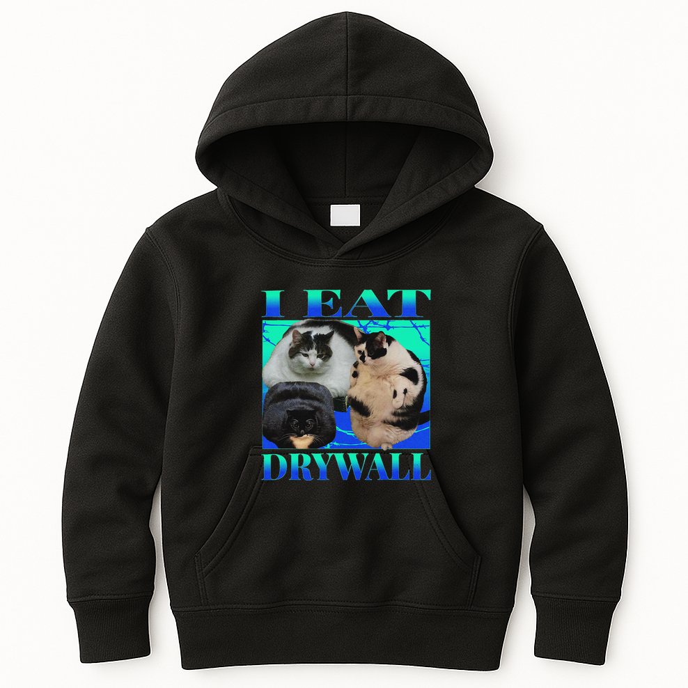 I Eat Drywall Funny Fat Cats Funny Hard Cat Silly Meme Kids Hoodie