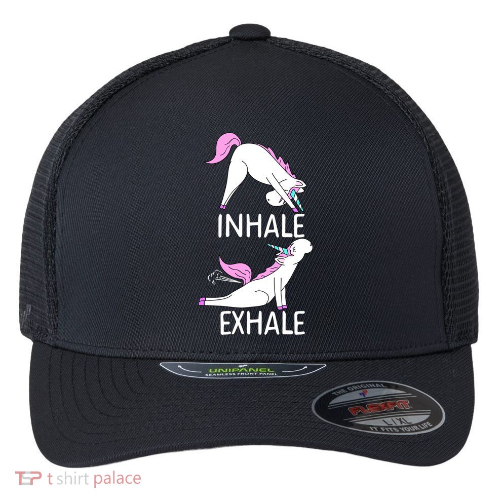 Inhale Exhale Funny Farting Unicorn Yoga Meme Gift Flexfit Unipanel Trucker Cap