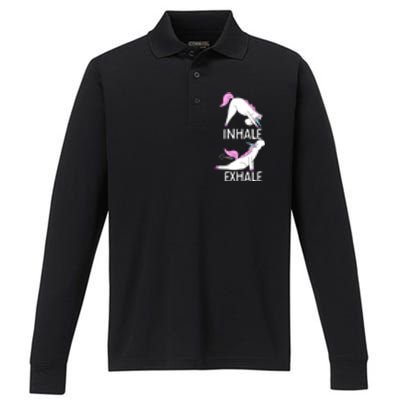 Inhale Exhale Funny Farting Unicorn Yoga Meme Gift Performance Long Sleeve Polo